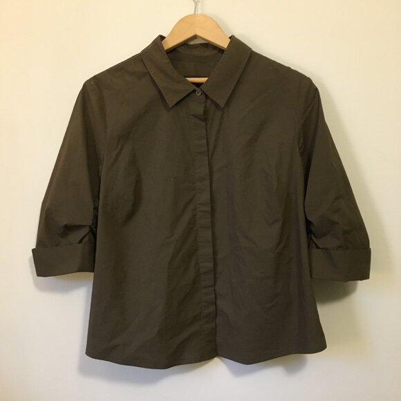 le chateau Brown Ruch Sleeve Button Down Blouse - Picture 1 of 13